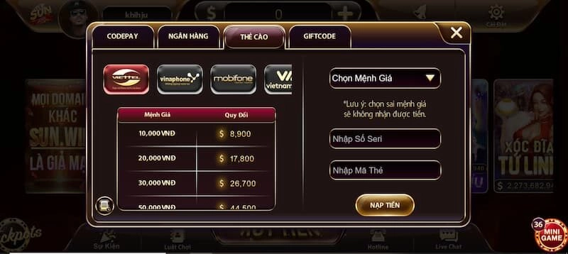 nạp tiền Sunwin qua thẻ cào điện thoại 