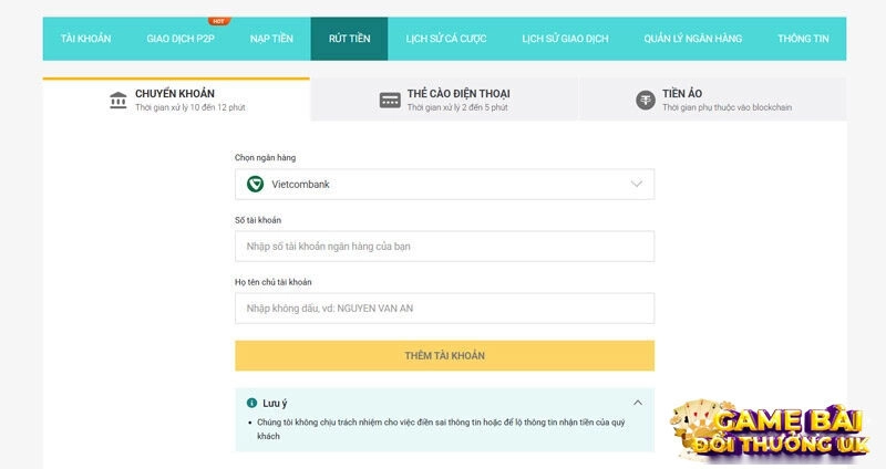 Giao diện rút tiền tại Five88 với 3 hình thức giao dịch