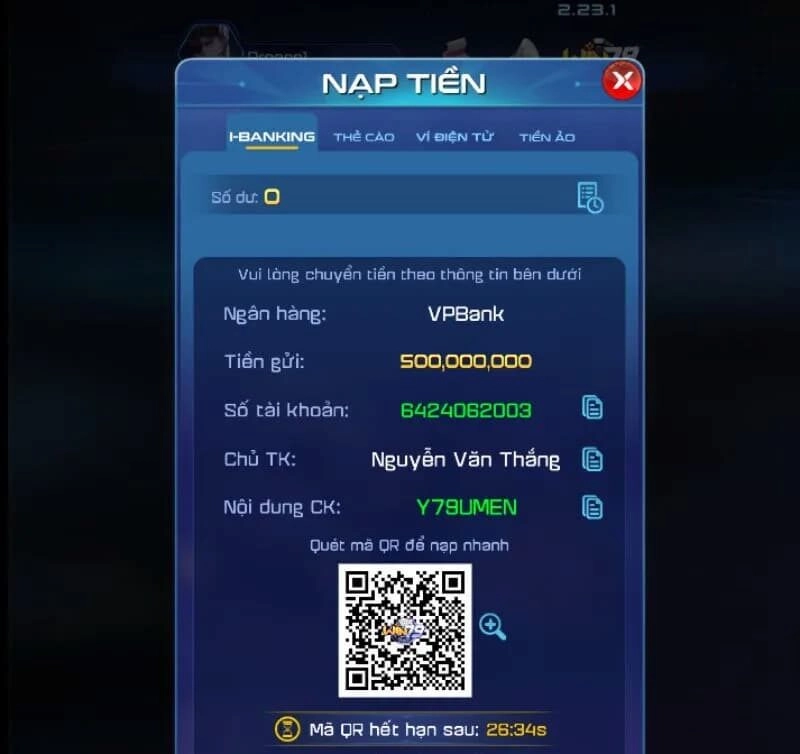 Nạp tiền Win79 qua ngân hàng